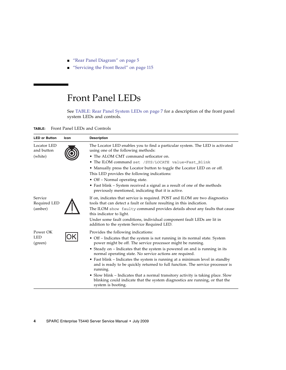 Front panel leds | FUJITSU SPARC T5440 User Manual | Page 30 / 214