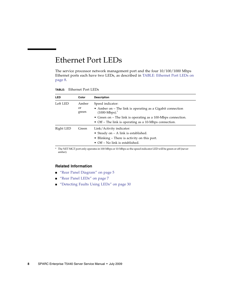 Ethernet port leds, Related information | FUJITSU SPARC T5440 User Manual | Page 34 / 214