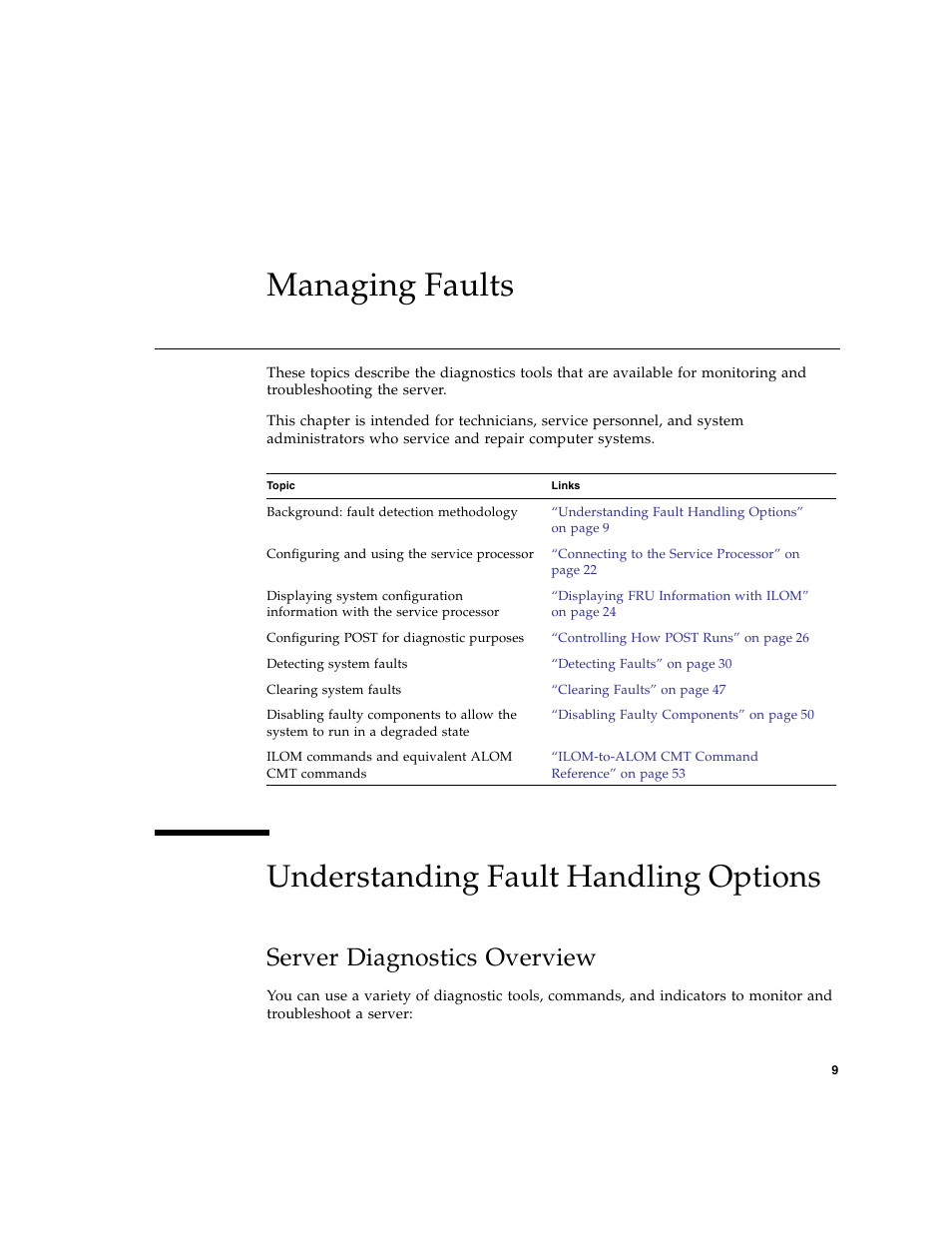 Managing faults, Understanding fault handling options, Server diagnostics overview | FUJITSU SPARC T5440 User Manual | Page 35 / 214