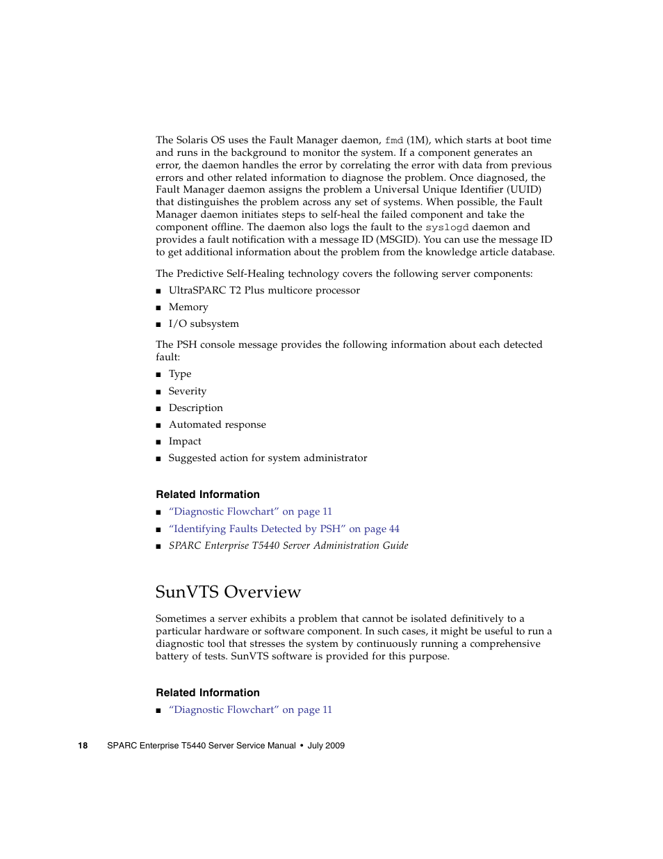 Related information, Sunvts overview | FUJITSU SPARC T5440 User Manual | Page 44 / 214