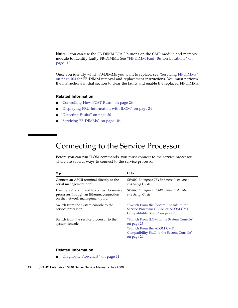 Related information, Connecting to the service processor | FUJITSU SPARC T5440 User Manual | Page 48 / 214