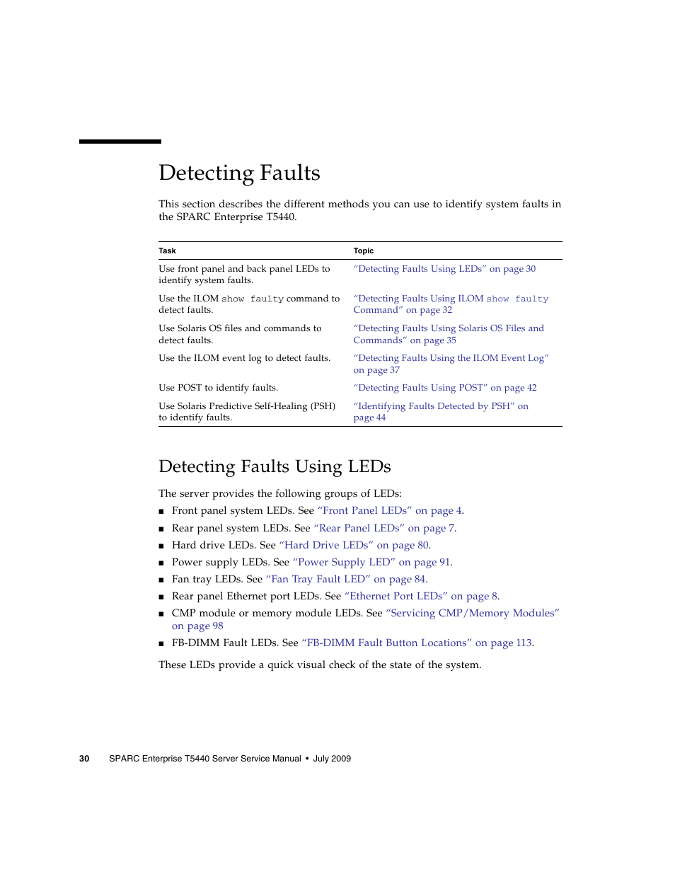 Detecting faults, Detecting faults using leds | FUJITSU SPARC T5440 User Manual | Page 56 / 214