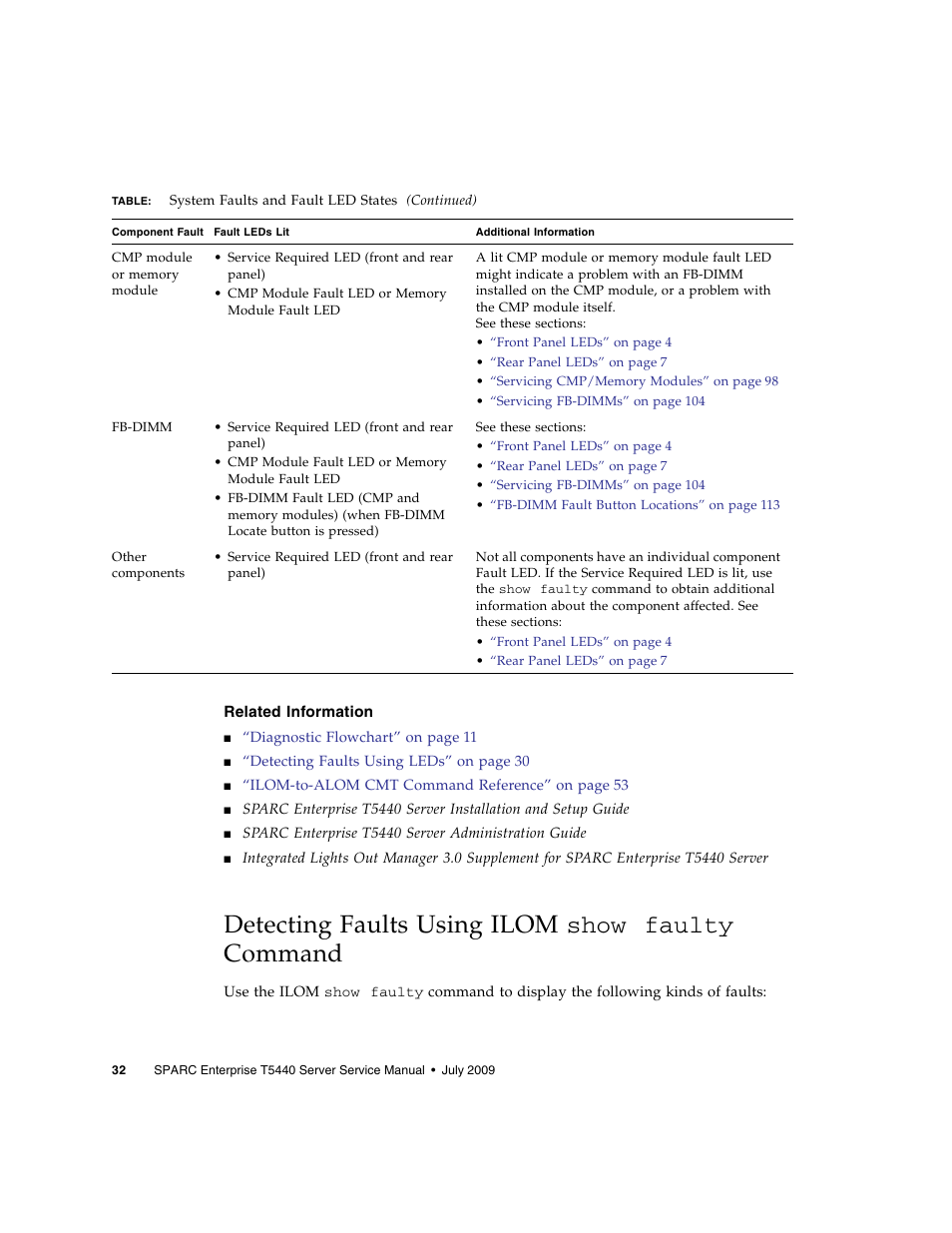 Related information, Detecting faults using ilom show faulty command, Detecting faults using ilom | FUJITSU SPARC T5440 User Manual | Page 58 / 214