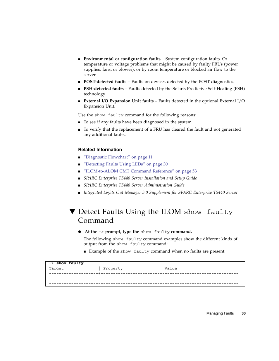 Related information, Detect faults using the ilom show faulty command, Detect faults using the ilom show faulty | FUJITSU SPARC T5440 User Manual | Page 59 / 214