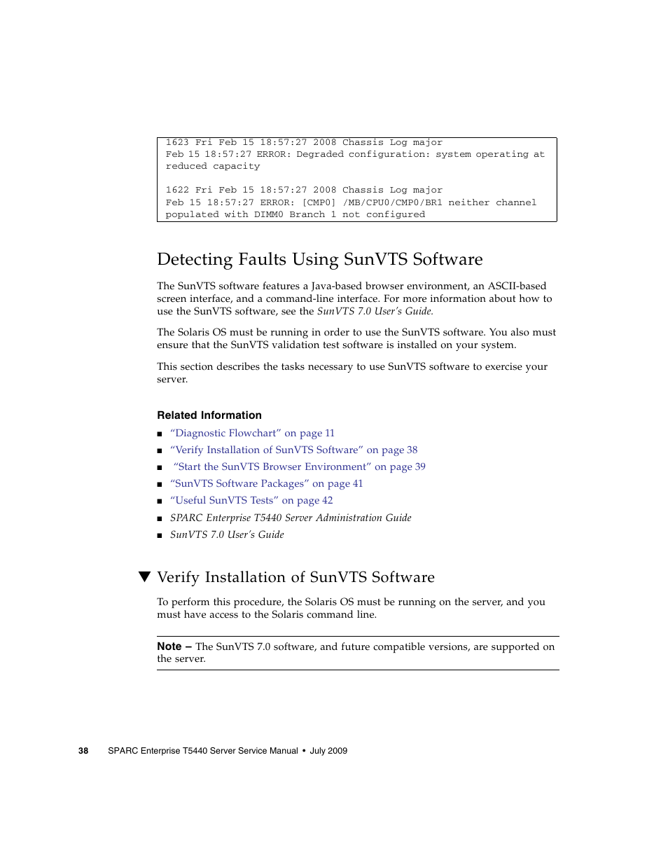 Detecting faults using sunvts software, Related information, Verify installation of sunvts software | FUJITSU SPARC T5440 User Manual | Page 64 / 214