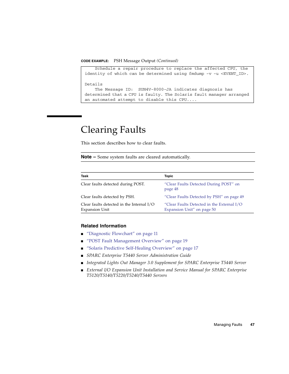 Clearing faults, Related information | FUJITSU SPARC T5440 User Manual | Page 73 / 214