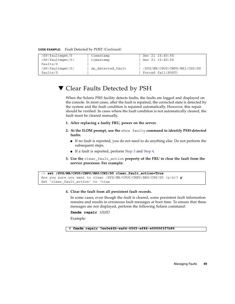 Clear faults detected by psh, Clear faults | FUJITSU SPARC T5440 User Manual | Page 75 / 214