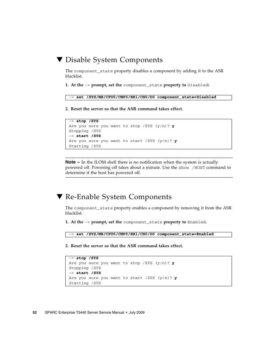 Disable system components, Re-enable system components | FUJITSU SPARC T5440 User Manual | Page 78 / 214