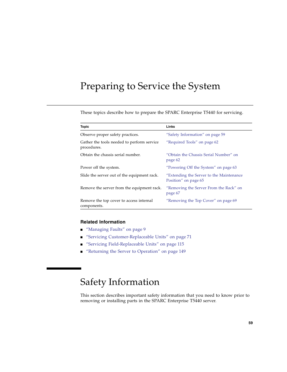 Preparing to service the system, Related information, Safety information | FUJITSU SPARC T5440 User Manual | Page 85 / 214