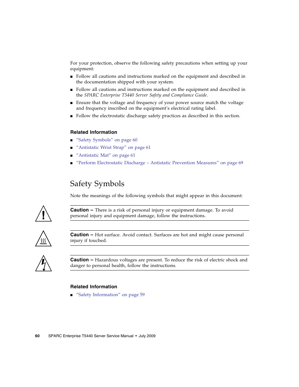 Related information, Safety symbols | FUJITSU SPARC T5440 User Manual | Page 86 / 214