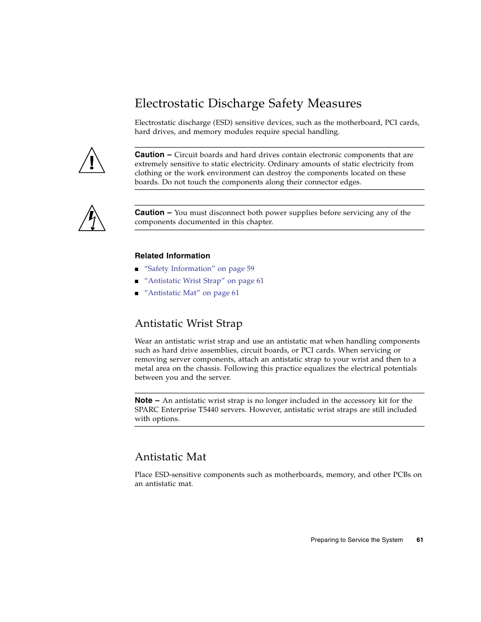 Electrostatic discharge safety measures, Related information, Antistatic wrist strap | Antistatic mat | FUJITSU SPARC T5440 User Manual | Page 87 / 214