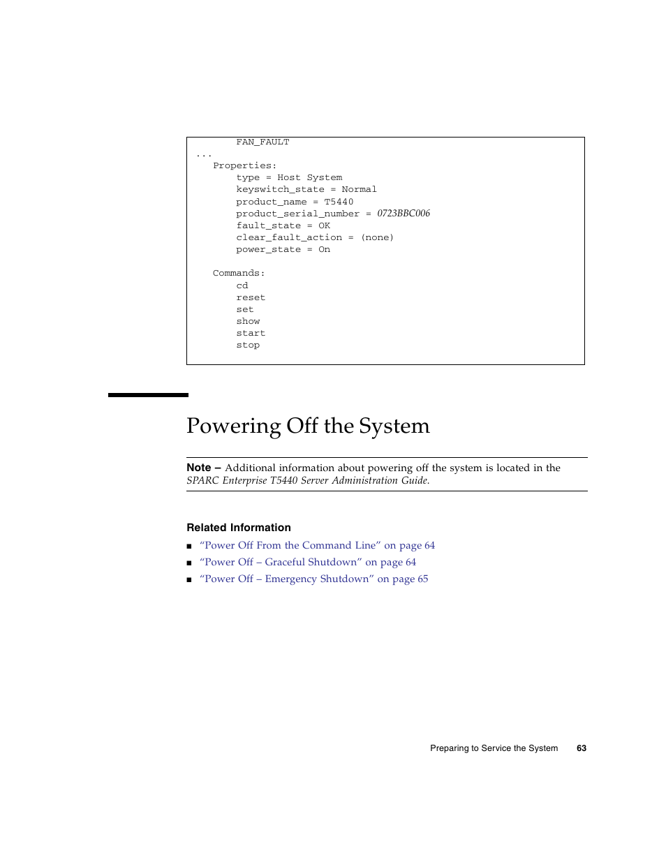 Powering off the system, Related information | FUJITSU SPARC T5440 User Manual | Page 89 / 214