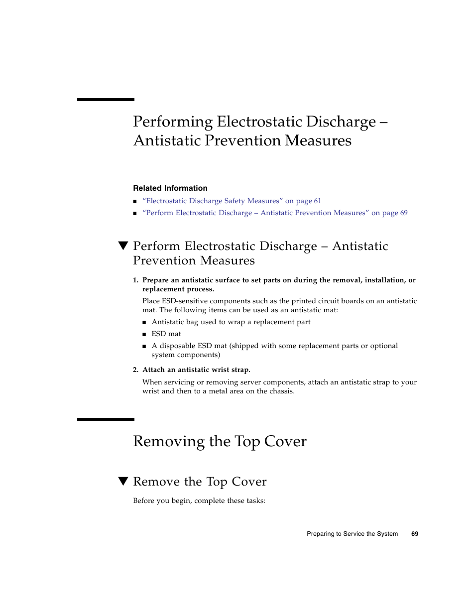 Related information, Removing the top cover, Remove the top cover | FUJITSU SPARC T5440 User Manual | Page 95 / 214