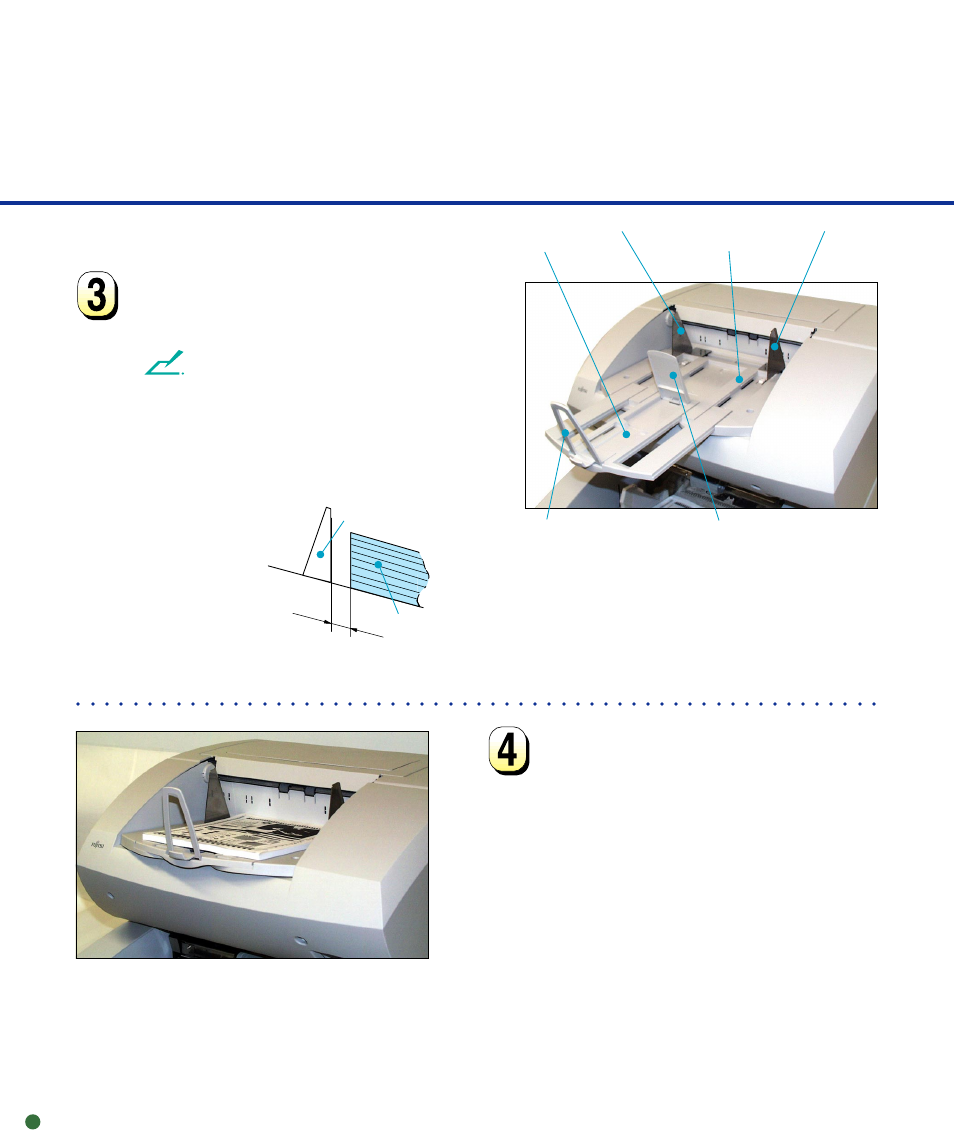 Adjust the stacker table to the document size, Stop lever stacker table check stopper stacker, Stacker guide | Stopper document about 20 mm | FUJITSU M4099D User Manual | Page 15 / 69