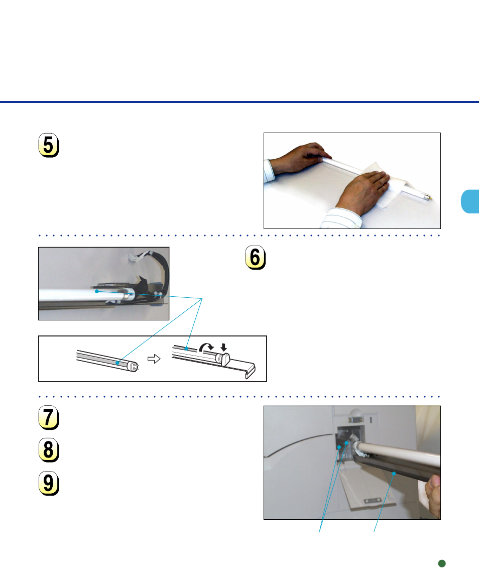 Connect the connector of the back-side lamp unit, Rail guide grooves (one hidden) clear portion, Back-side lamp | FUJITSU M4099D User Manual | Page 34 / 69