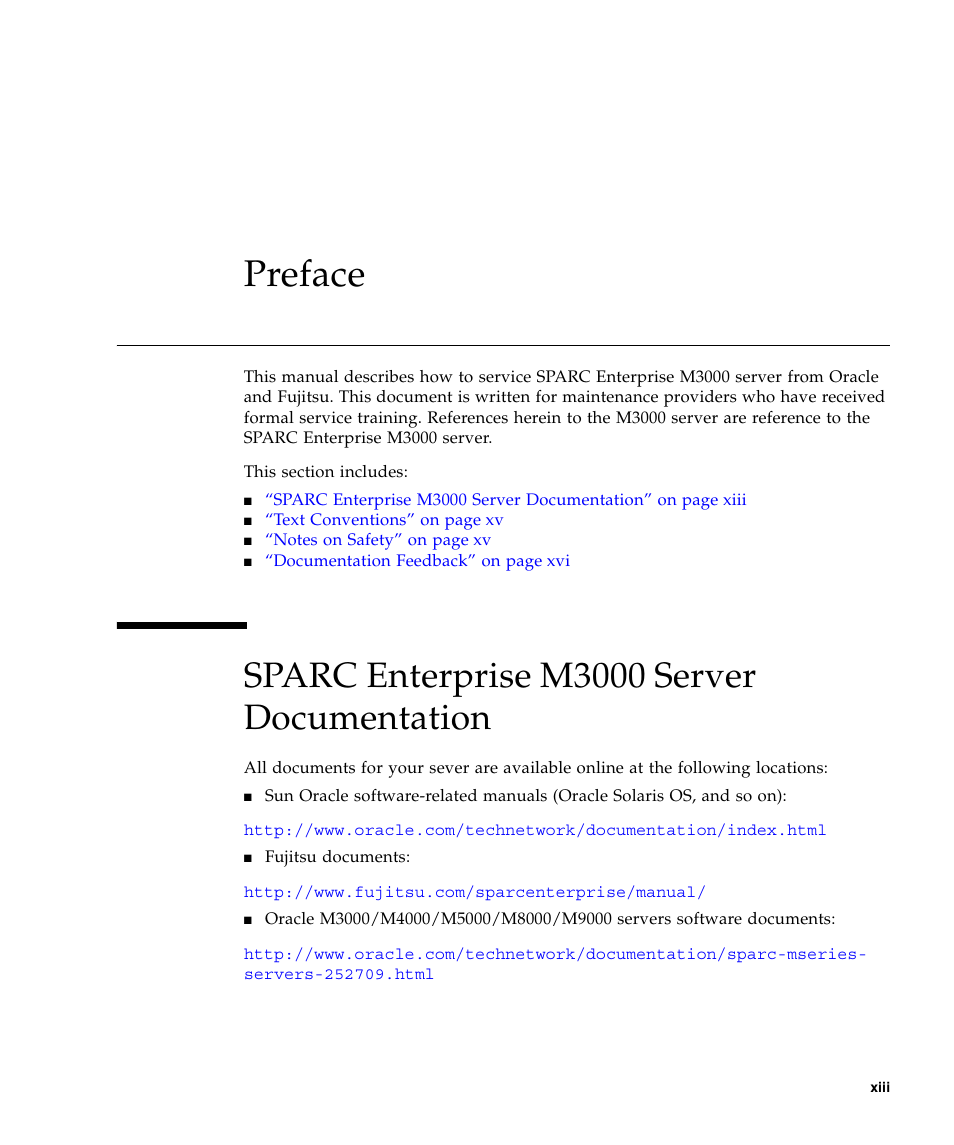 Preface, Xiii, Sparc enterprise m3000 server documentation | FUJITSU M3000 User Manual | Page 13 / 198