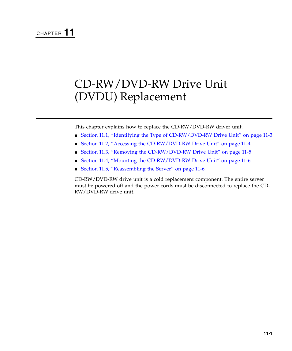 Cd-rw/dvd-rw drive unit (dvdu) replacement, Chapter 11 | FUJITSU M3000 User Manual | Page 135 / 198