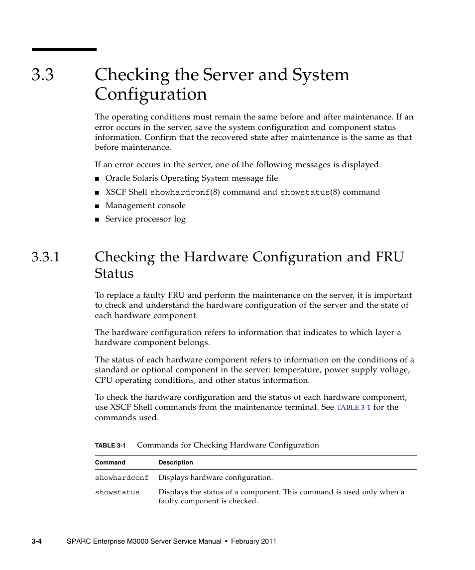 3 checking the server and system configuration, Checking the server and system configuration, Checking the hardware configuration and fru status | Table 3-1 | FUJITSU M3000 User Manual | Page 42 / 198