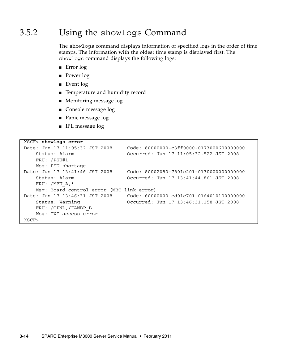 2 using the showlogs command, Using the showlogs command | FUJITSU M3000 User Manual | Page 52 / 198