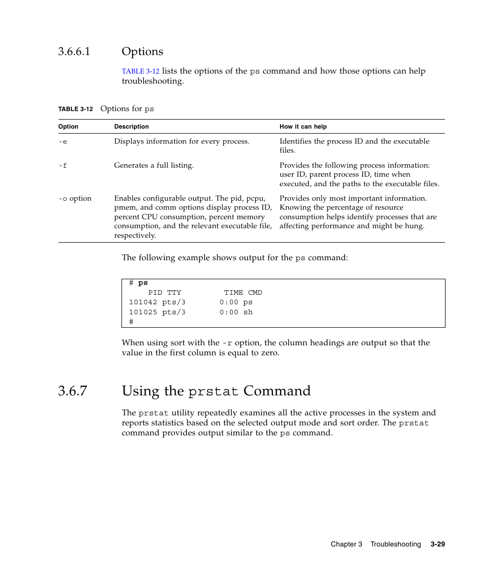 1 options, 7 using the prstat command, Options | Using the prstat command | FUJITSU M3000 User Manual | Page 67 / 198