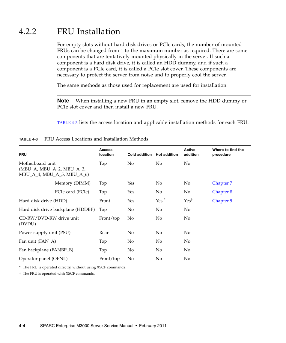 2 fru installation, Fru installation | FUJITSU M3000 User Manual | Page 72 / 198