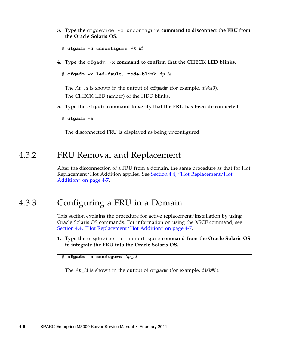 2 fru removal and replacement, 3 configuring a fru in a domain, Fru removal and replacement | Configuring a fru in a domain, Section 4.3.3, “configuring a fru in a domain” on | FUJITSU M3000 User Manual | Page 74 / 198