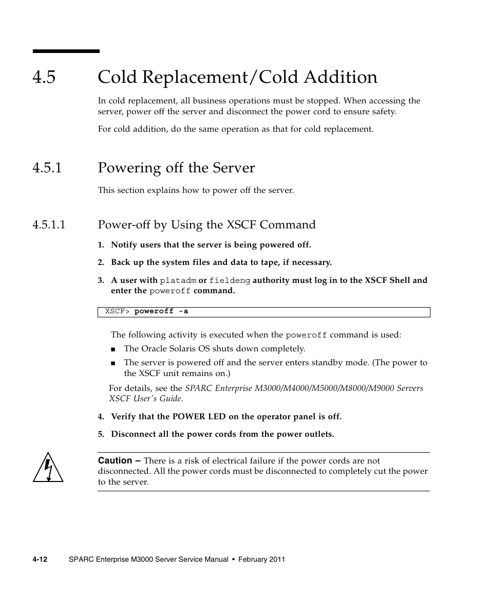 5 cold replacement/cold addition, 1 powering off the server, 1 power-off by using the xscf command | Cold replacement/cold addition, Powering off the server, Power-off by using the xscf command | FUJITSU M3000 User Manual | Page 80 / 198