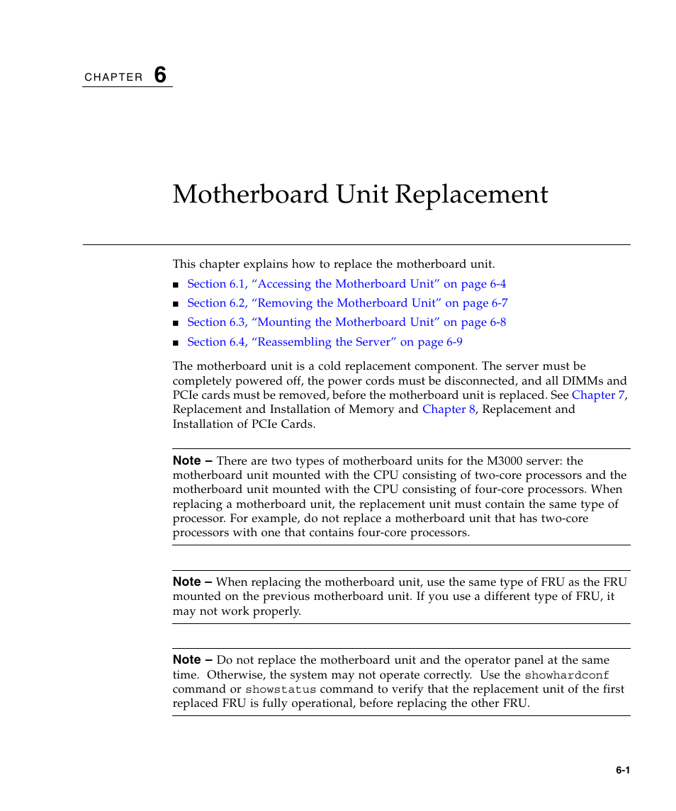 Motherboard unit replacement, Chapter 6 | FUJITSU M3000 User Manual | Page 95 / 198