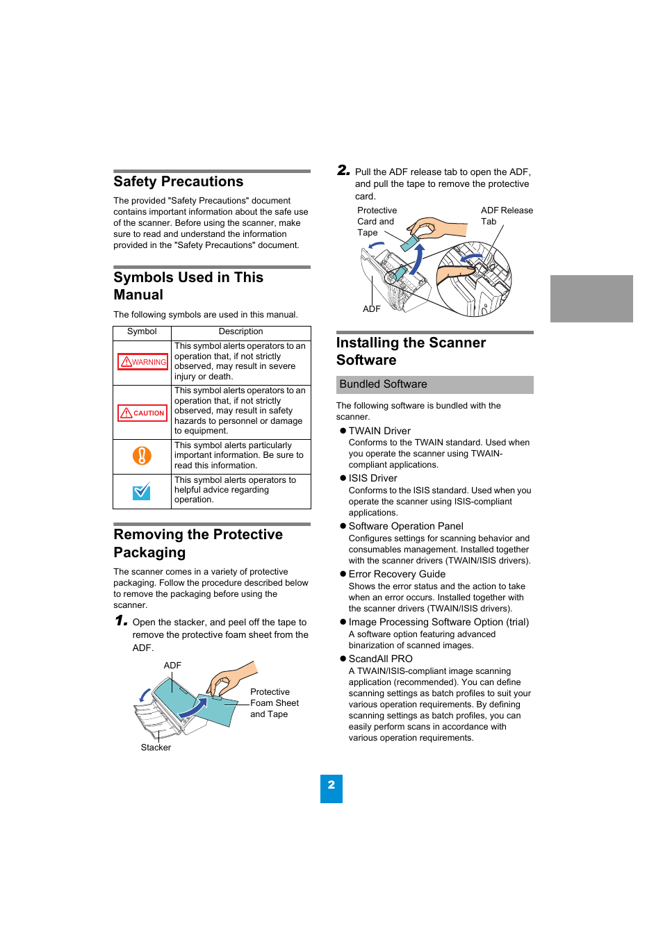 Safety precautions, Symbols used in this manual, Removing the protective packaging | Installing the scanner software, Bundled software | FUJITSU Image Scanner fi-6110 User Manual | Page 2 / 8