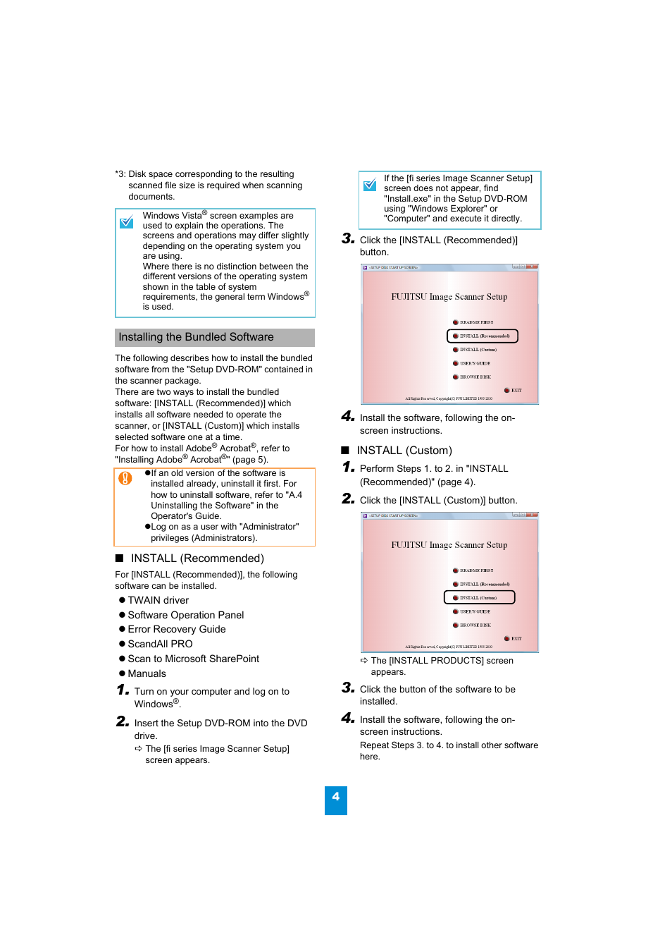 Installing the bundled software, Install (recommended), Install (custom) | FUJITSU Image Scanner fi-6110 User Manual | Page 4 / 8