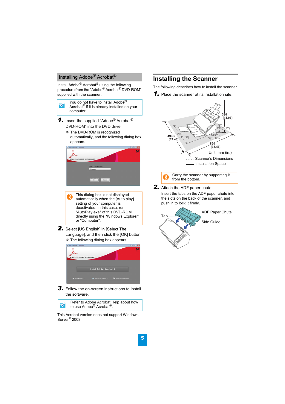 Installing adobe® acrobat, Installing the scanner, Installing adobe | Acrobat | FUJITSU Image Scanner fi-6110 User Manual | Page 5 / 8