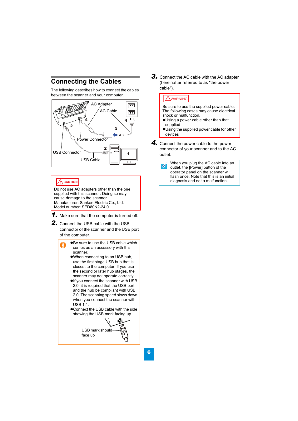 Connecting the cables | FUJITSU Image Scanner fi-6110 User Manual | Page 6 / 8