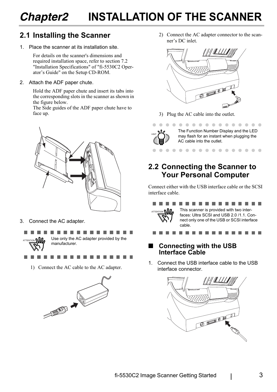 Chapter2 installation of the scanner, 1 installing the scanner, 2 connecting the scanner to your personal computer | Chapter2, Installation of the scanner, Connecting with the usb interface cable | FUJITSU FI-5530C2 User Manual | Page 11 / 27