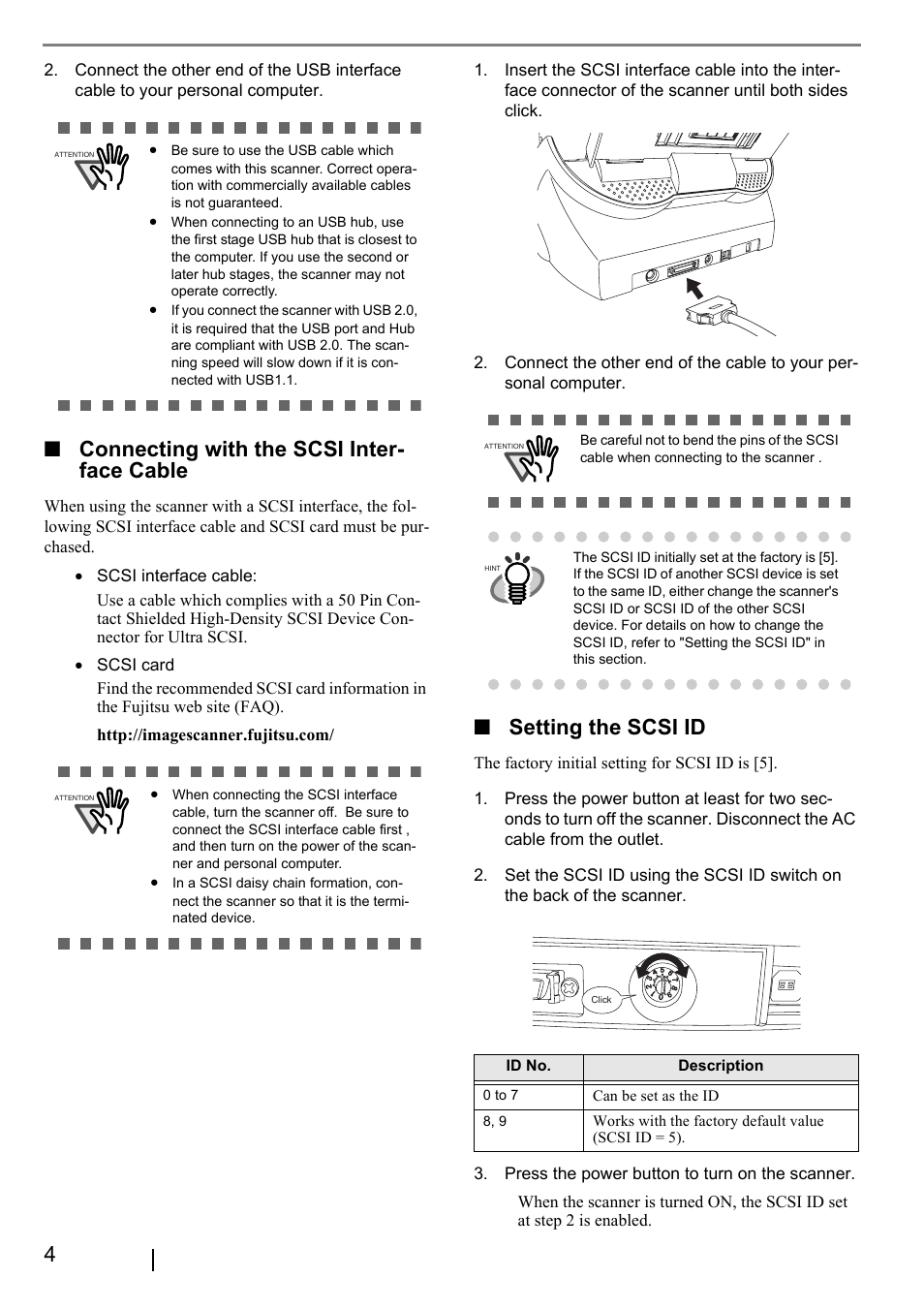 Connecting with the scsi inter- face cable, Setting the scsi id | FUJITSU FI-5530C2 User Manual | Page 12 / 27