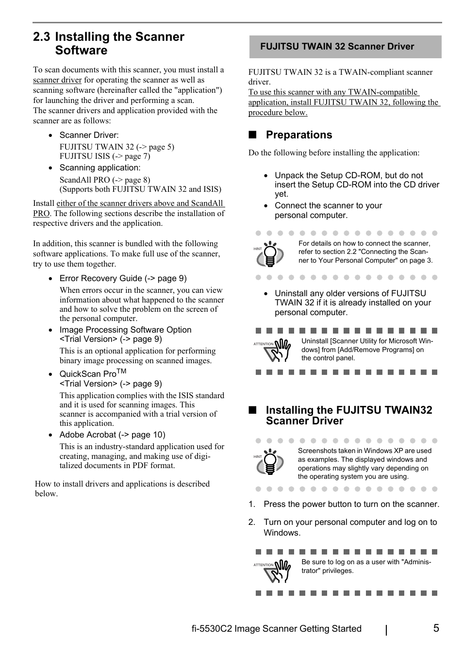 3 installing the scanner software, Preparations, Installing the fujitsu twain32 scanner driver | FUJITSU FI-5530C2 User Manual | Page 13 / 27