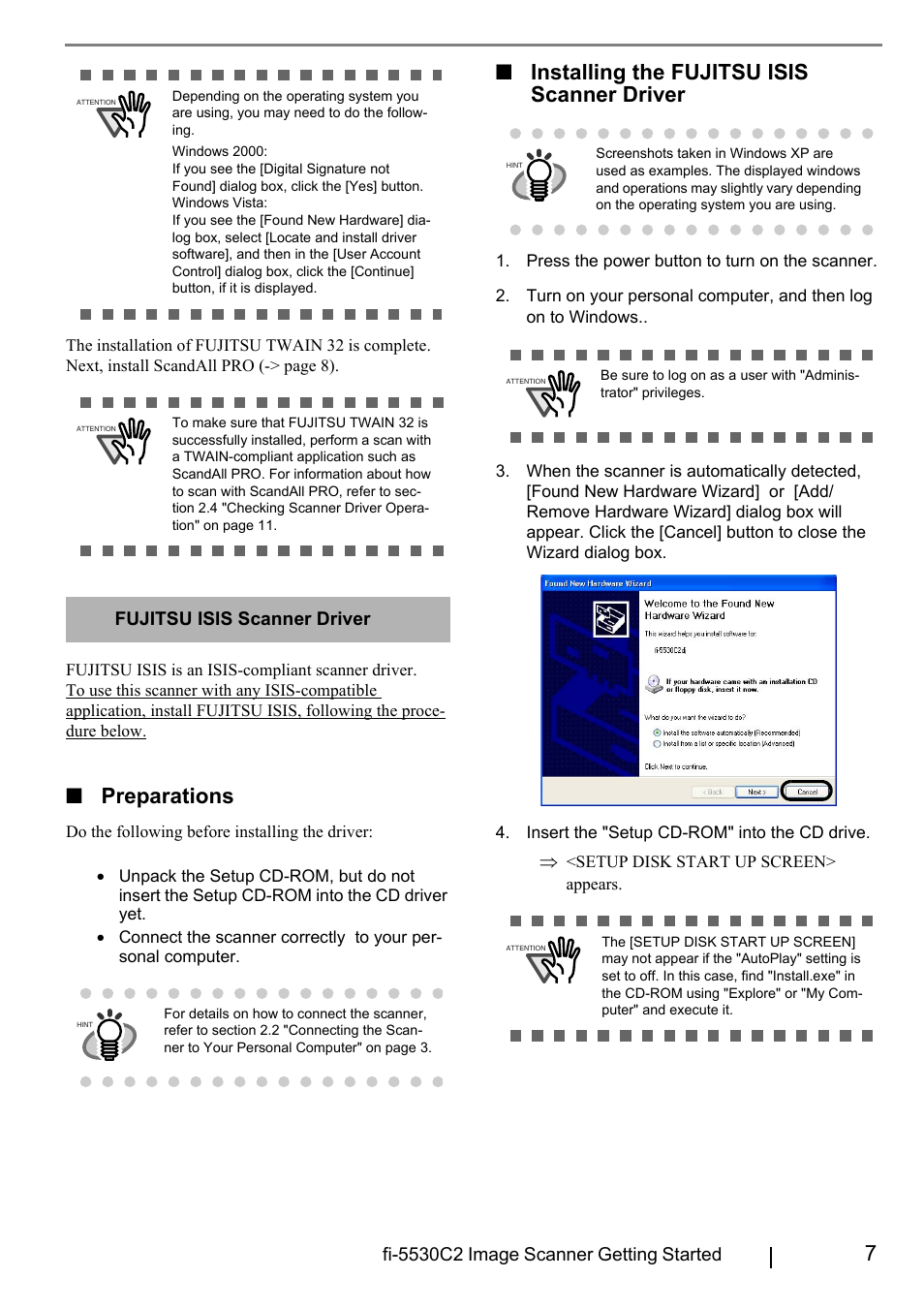 Preparations, Installing the fujitsu isis scanner driver, Fujitsu isis scanner driver | FUJITSU FI-5530C2 User Manual | Page 15 / 27