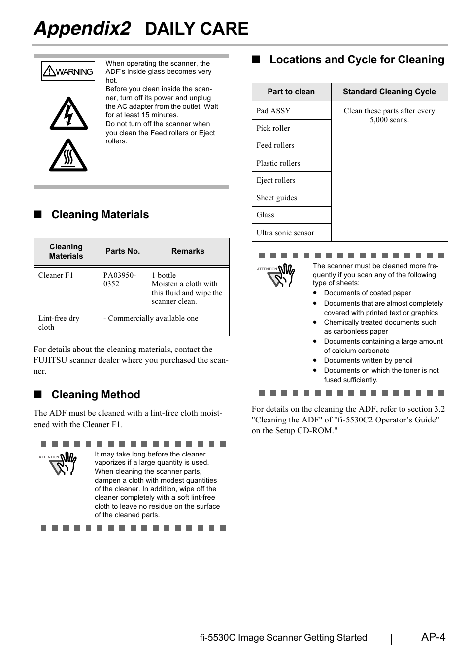 Appendix2 daily care, Appendix2 daily, Appendix2 | Daily care, Ap-4, Cleaning materials, Cleaning method, Locations and cycle for cleaning | FUJITSU FI-5530C2 User Manual | Page 25 / 27