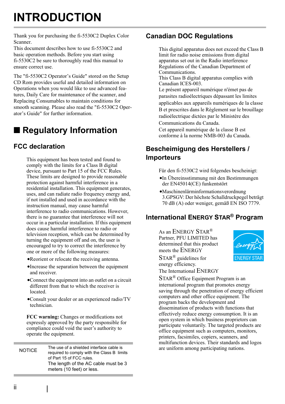 Regulatory information, Introduction, Fcc declaration | Canadian doc regulations, Bescheimigung des herstellers / importeurs, International e, Program | FUJITSU FI-5530C2 User Manual | Page 4 / 27