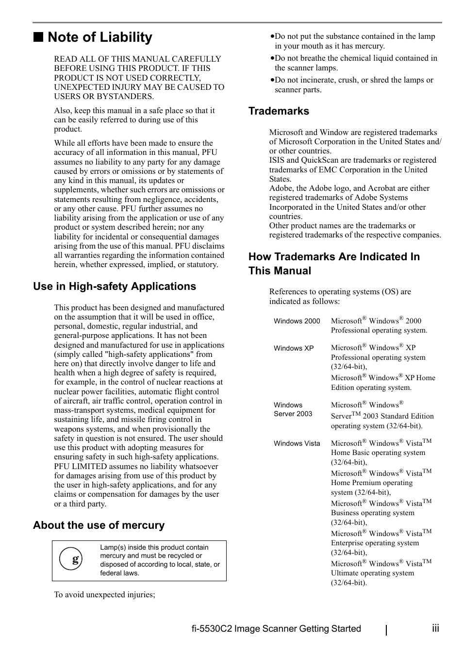 Note of liability, Use in high-safety applications, About the use of mercury | Trademarks, How trademarks are indicated in this manual | FUJITSU FI-5530C2 User Manual | Page 5 / 27