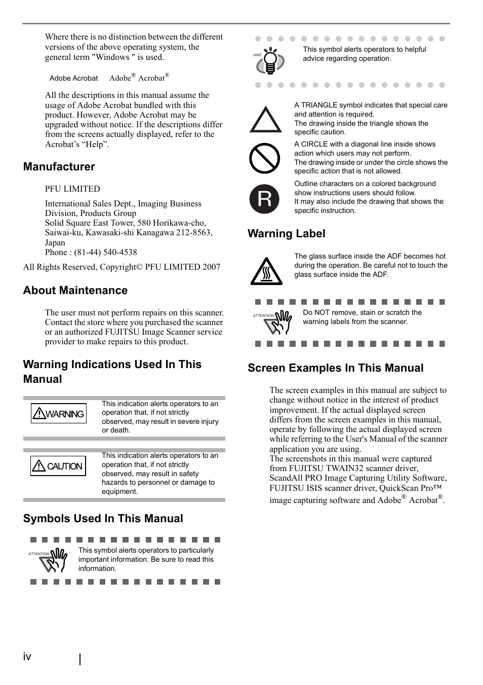 Manufacturer, About maintenance, Screen examples in this manual | FUJITSU FI-5530C2 User Manual | Page 6 / 27