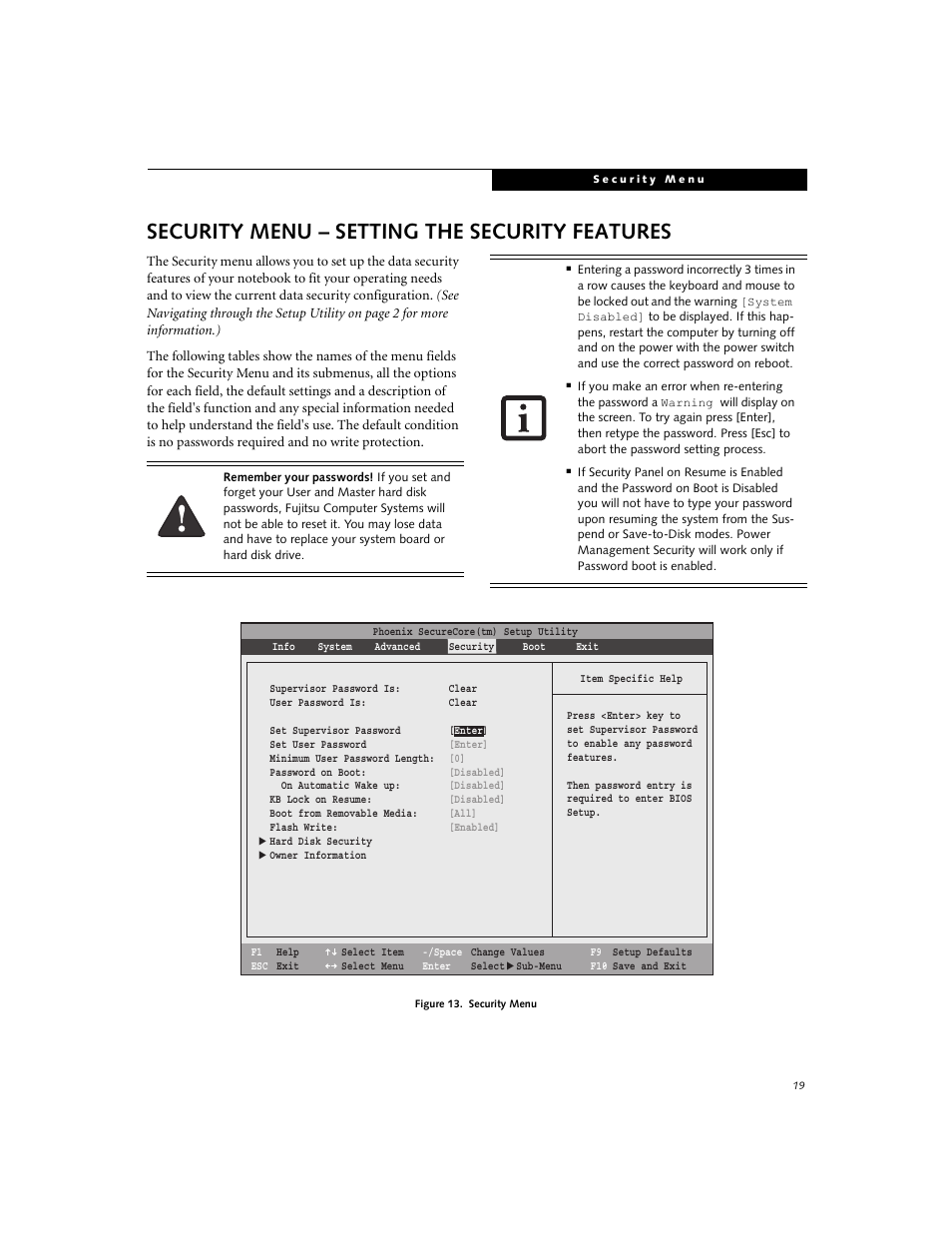 Security menu - setting the security features, Security menu – setting the security features | FUJITSU A6210 User Manual | Page 19 / 25