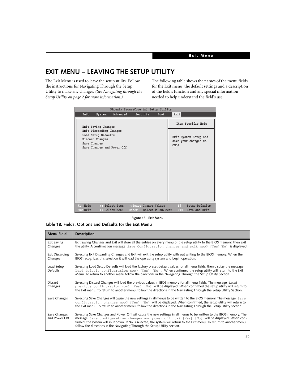 Exit menu - leaving the setup utility, Exit menu – leaving the setup utility | FUJITSU A6210 User Manual | Page 25 / 25