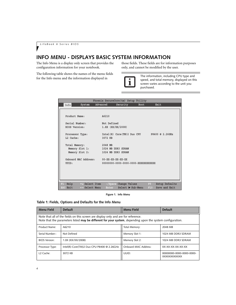 Info menu - displays basic system information | FUJITSU A6210 User Manual | Page 4 / 25