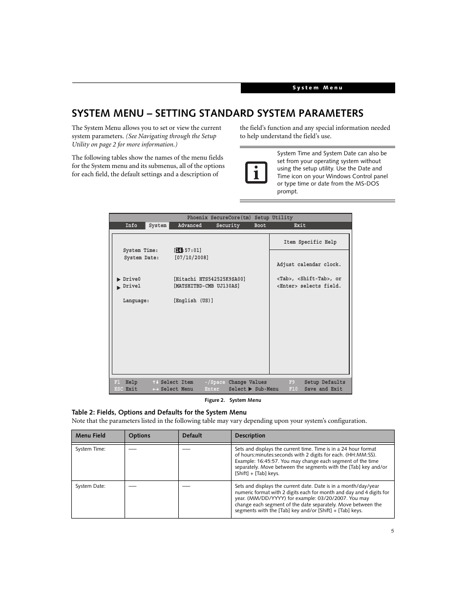 System menu - setting standard system parameters, System menu – setting standard system parameters | FUJITSU A6210 User Manual | Page 5 / 25