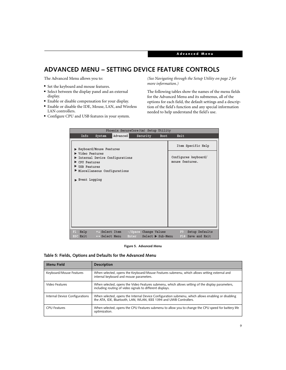 Advanced menu - setting device feature controls, Advanced menu – setting device feature controls | FUJITSU A6210 User Manual | Page 9 / 25