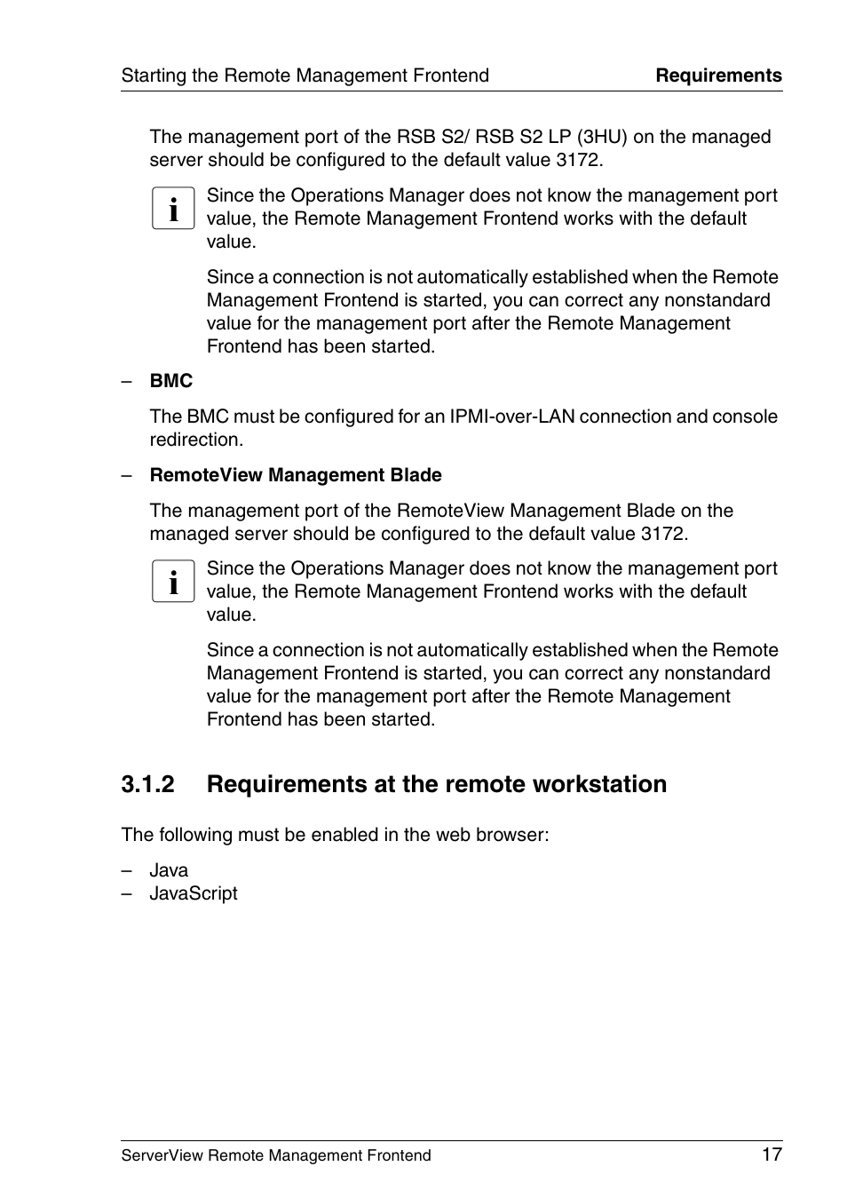 Requirements at the remote workstation, 2 requirements at the remote workstation | FUJITSU Primergy ServerView Suite ServerView Remote Management Frontend V4.90 User Manual | Page 17 / 62