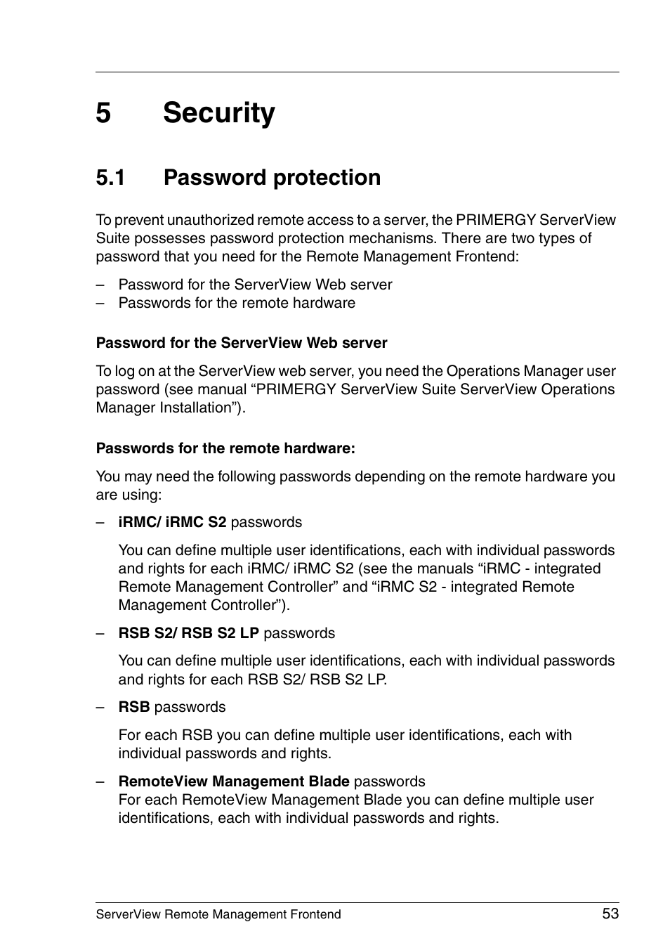 Security, Password protection, 5security | 1 password protection | FUJITSU Primergy ServerView Suite ServerView Remote Management Frontend V4.90 User Manual | Page 53 / 62