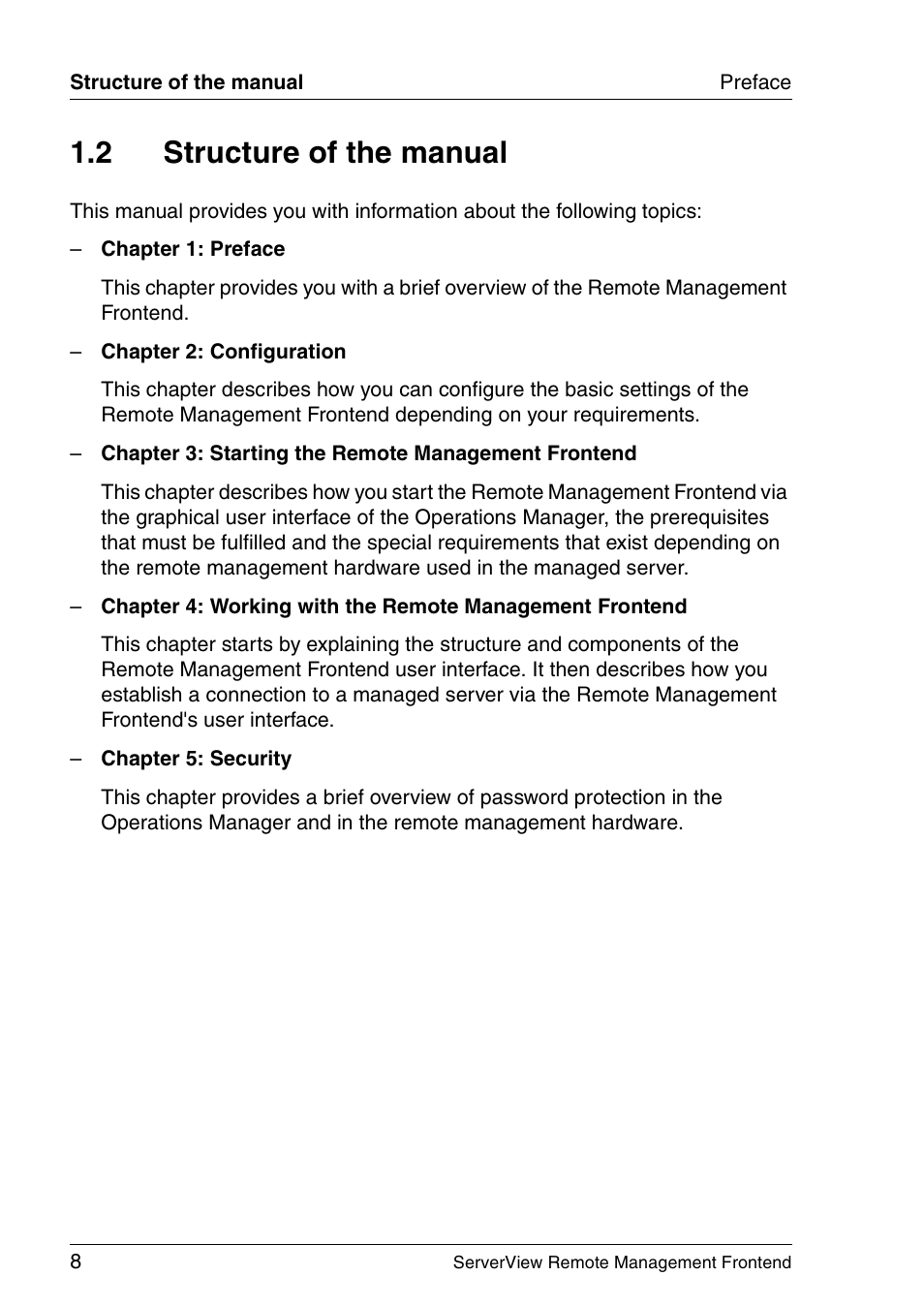 Structure of the manual, 2 structure of the manual | FUJITSU Primergy ServerView Suite ServerView Remote Management Frontend V4.90 User Manual | Page 8 / 62