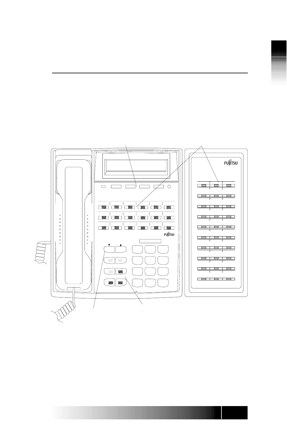 Chapter 1 - terminal overview, Ni / 5e custom, Terminal overview | Getting acquainted with your digital set -1, Ni / 5e custom t e rminal over view, Chapter 1 getting acquainted with your digital set, Function keys optional abm volume/contrast buttons, Multifunction buttons softkeys, Srs-9924-abm | FUJITSU SRS-9924-ABM User Manual | Page 13 / 115
