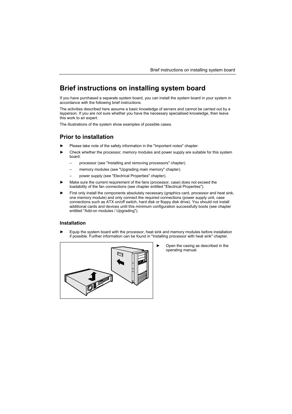 Brief instructions on installing system board, Prior to installation | FUJITSU RELIABILITY D1859 User Manual | Page 11 / 42